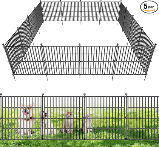 5 Panels No Dig Decorative Outdoor Garden Fence for Yard, 24 in(H) X 10 ft(L) Animal Barrier Fencing Rustproof Metal Wire Panel Border for Dog, Rabbits, and Patio Temporary Ground Stakes