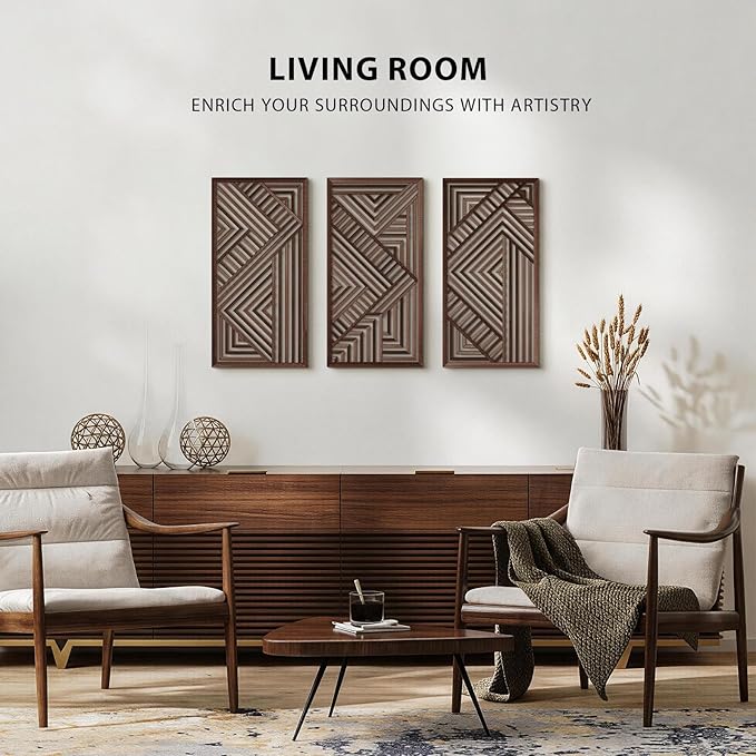 VIYYIEA Boho Solid Wood Carved Wall Art Set of 3, Geometric Minimalist Wooden