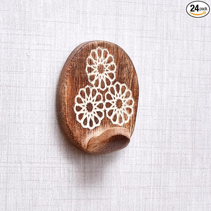 IndianShelf 6 Lb- 24 Pieces Decorative Wood Adhesive Wall Hooks–Boho Peel and