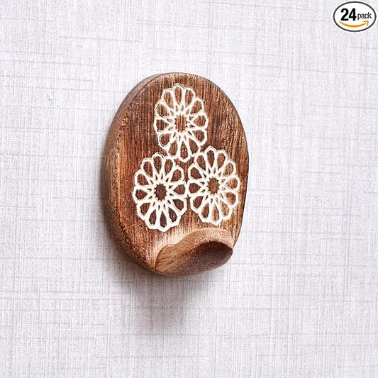 IndianShelf 6 Lb- 24 Pieces Decorative Wood Adhesive Wall Hooks–Boho Peel and