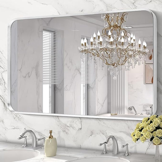 Brushed Nickel Bathroom Wall Mirror, Tempered Glass, Shatter Proof, Hangs