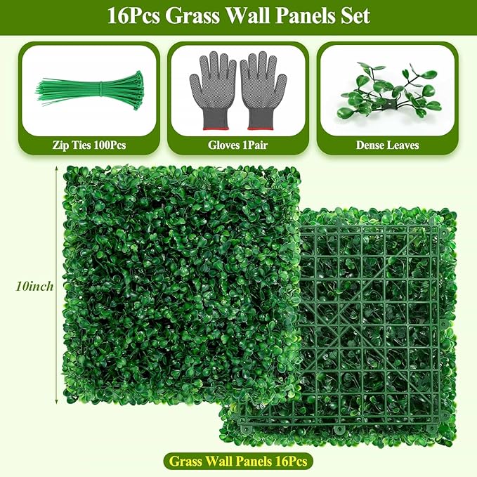 16 Pcs 10" X 10" Artificial Grass Wall Panels, UV-Resistant Fake Boxwood Panels