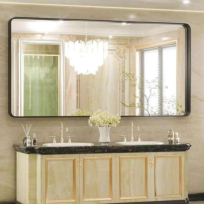 TETOTE 72 x 36 Inch Black Bathroom Mirror, Rectangle Matte Metal Frame Wall
