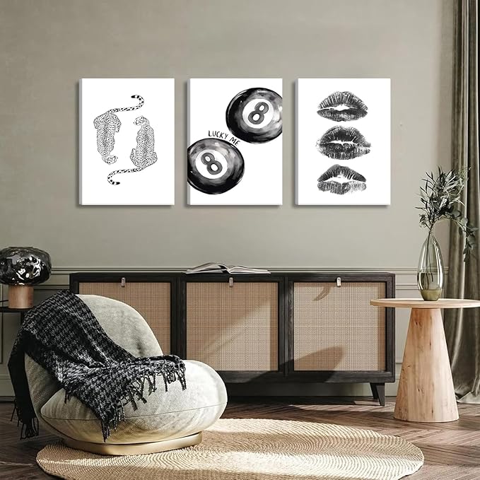 BOKPEN Trendy Black and White Leopard Canvas Wall Art, Funky Y2k Lucky 8 Ball