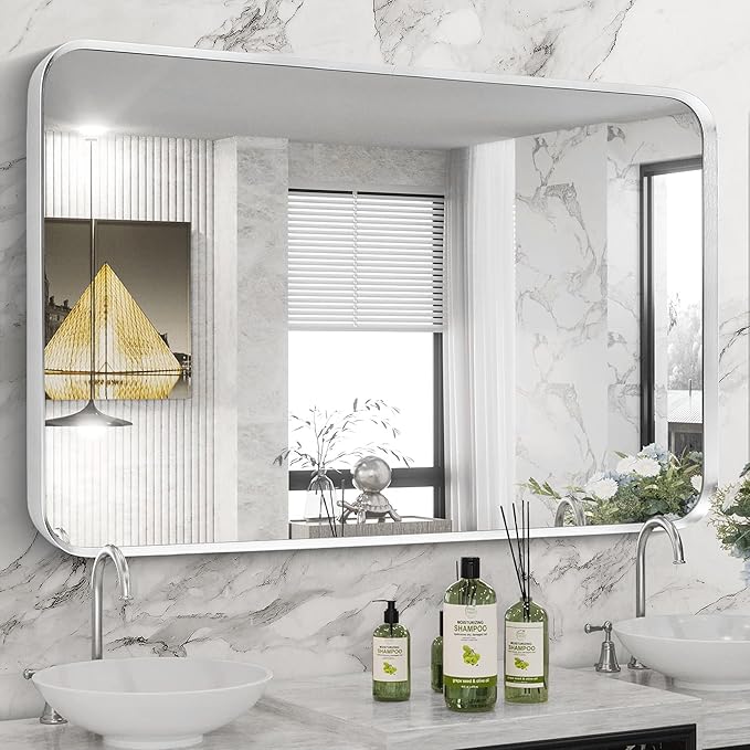 Brushed Nickel Bathroom Wall Mirror, Tempered Glass, Shatter Proof, Hangs