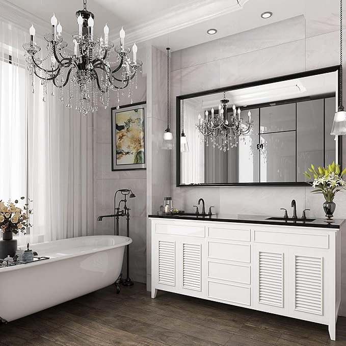 48 x 30 Black Framed Mirror for Bathroom, Beveled Black Bathroom Vanity Mirror