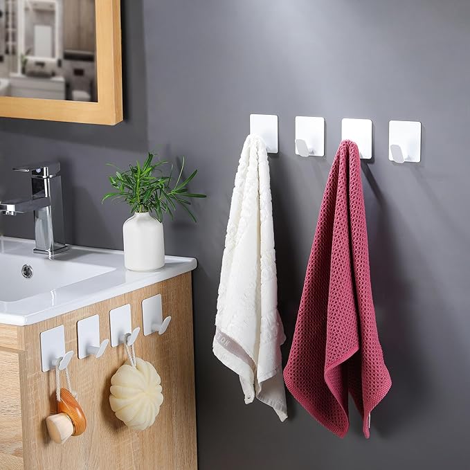 DELITON Adhesive Hooks for Hanging, 8 Pack White Wall/Towel Hooks for Bedroom