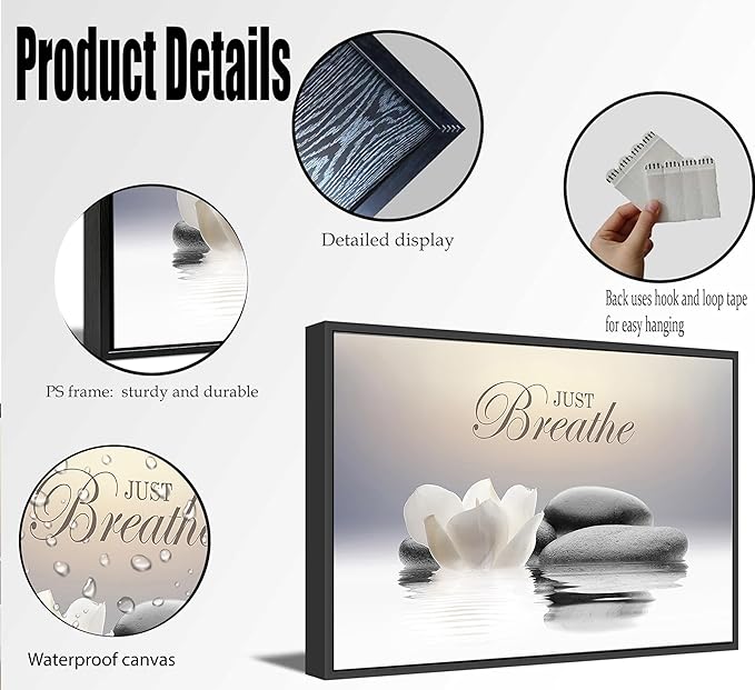 Floating Framed Zen Wall Art, Just Breathe Stone Poster Picture