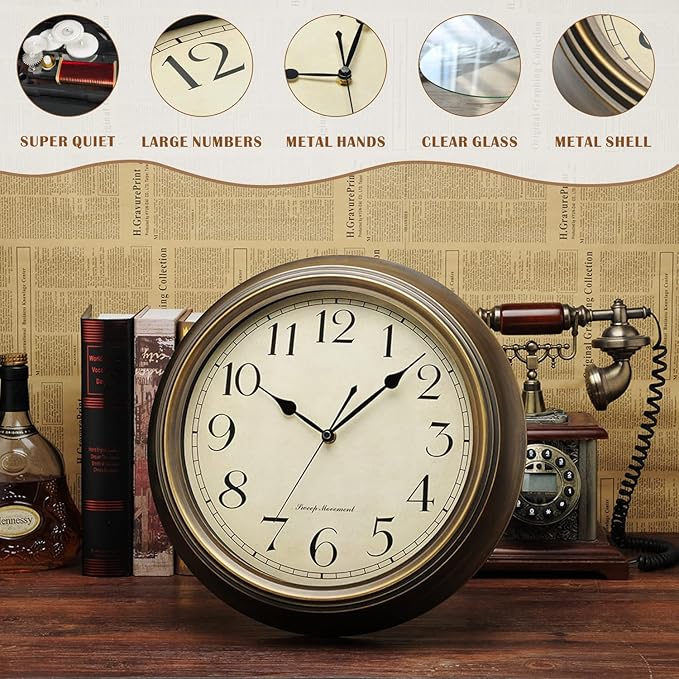 Plumeet Small Metal Wall Clock, Arabic Numerals, Battery Operated