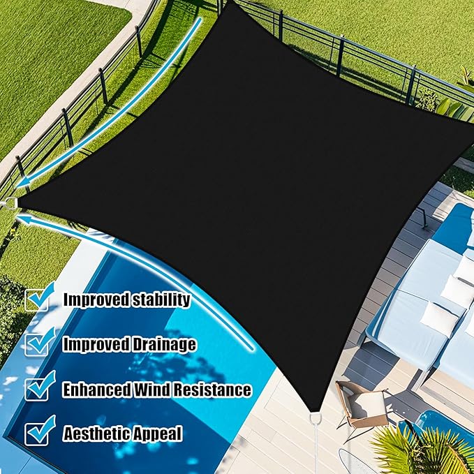 Amagenix Sun Shade Sail 15'X16' Curved Edge Outdoor Shade Canopy Black Breathable 95% UV Block Shade Cloth for Patio Garden Backyard (We Make Custom Size)
