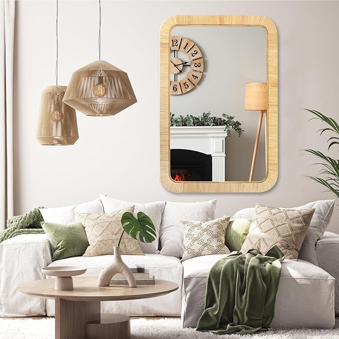 PERFNIQUE Rattan Mirror, Decorative Wall Nursery Decor, Rustic Farmhouse