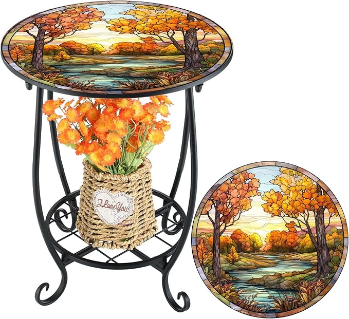 Cinnvoice Outdoor Side Table Round Small Mosaic Patio Accent Indoor End Plant Coffee Tea Table for Yard Patio Porch Garden Living Room, Bedroom(Fall Style,14 Inch)
