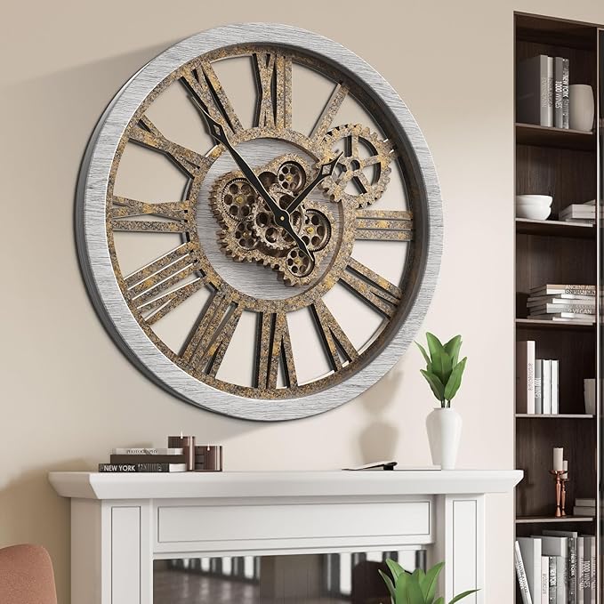 B-Style Large Wall Clock 18 Inch Moving Gear Oversized Vintage Farmhouse Rustic