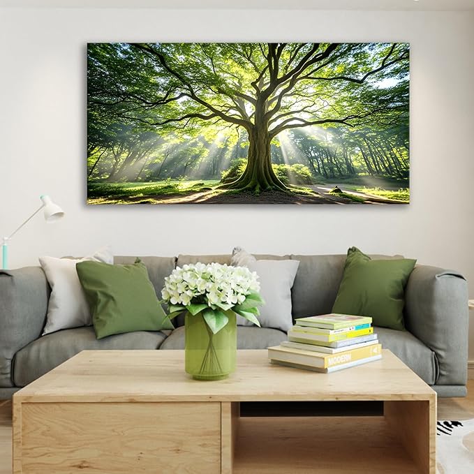 JLXART Nature Canvas Large Art Spring Green Tree Wall Art Framed Forest Artwork for Office Wall Decoration Ready to Hang 24x48inch