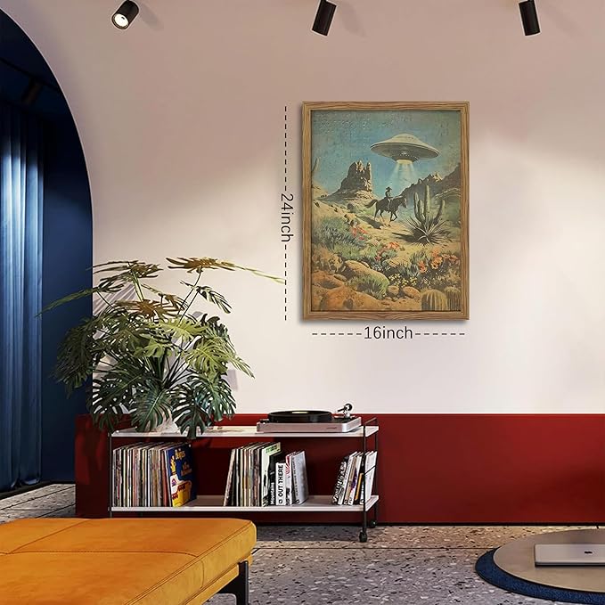 Framed Vintage Intergalactic Western Canvas Wall Art, Alien UFO Abducting Cowboy