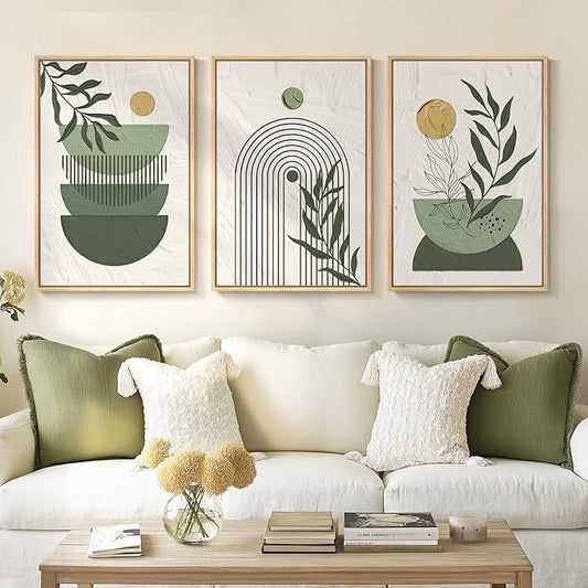 Framed Sage Green Boho Wall Art Bedroom, 3 Piece Bohemian Botanical Paintings