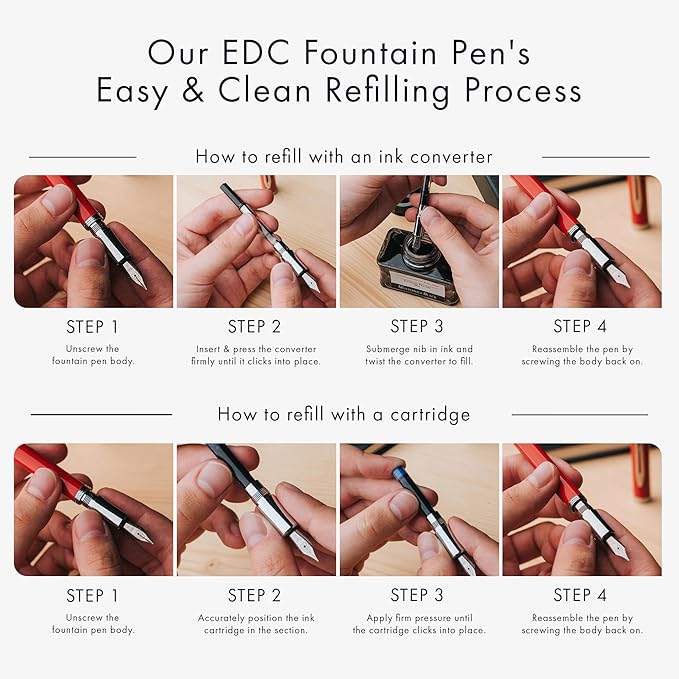 Wordsworth and Black Fountain Pen Mini EDC: Luxury Red Heavy Pocket Pen, Chrome Finish, Medium Nib, 6 Ink Cartridges, Ink Converter, Travel Refillable Writing Pen Gift Set, Men & Women