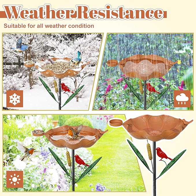 Bird Baths for Outside, Flower Metal Bird Feeder Water Bowl with 5 Prongs Base, 33.5" Freestanding Garden Birdbaths for Outdoors Patio Yard Lawn Art Decor