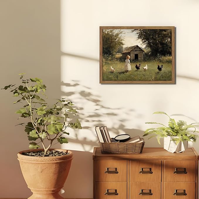 Vintage Country Framed Wall Art, Little Girl and Chick Canvas Prints, Rustic