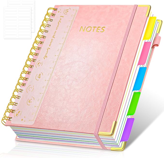 Hardcover Spiral Notebook Journal, 8"x10" Large B5 Notebooks with Removable Dividers Tabs, 300 Pages Leather 5 Subject Notebook College Ruled, Journal for Work School Note, 100 GSM Thick Paper,Pink