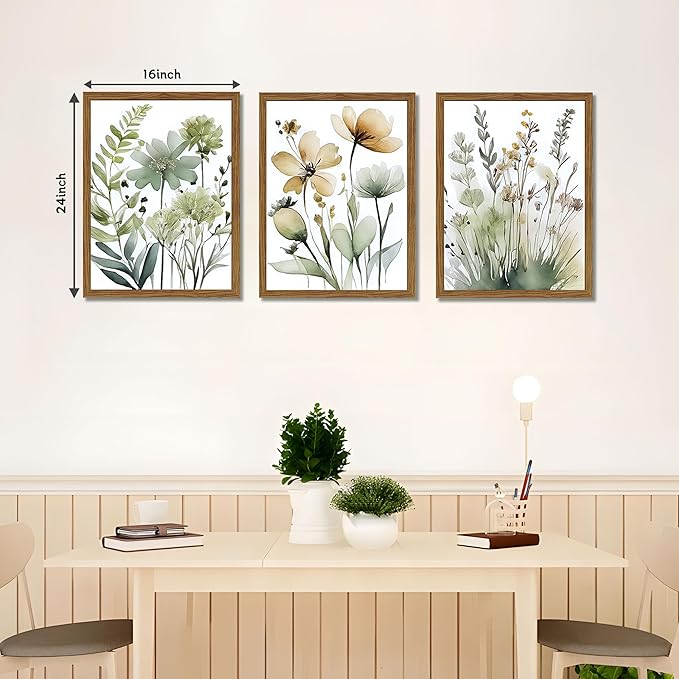 Wood Framed Sage Green Botanical Wall Art Set of 3, Boho Floral Canvas Wall