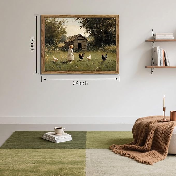Vintage Country Framed Wall Art, Little Girl and Chick Canvas Prints, Rustic