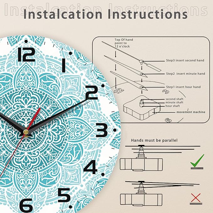 Teal Mandala Flower Wall Clock, Silent Non-Ticking, Battery Operated, Wooden