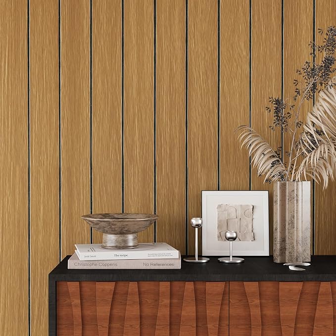 VEELIKE Honey Teak Wood Slat Wall Panels Peel and Stick Decorative Faux Wood