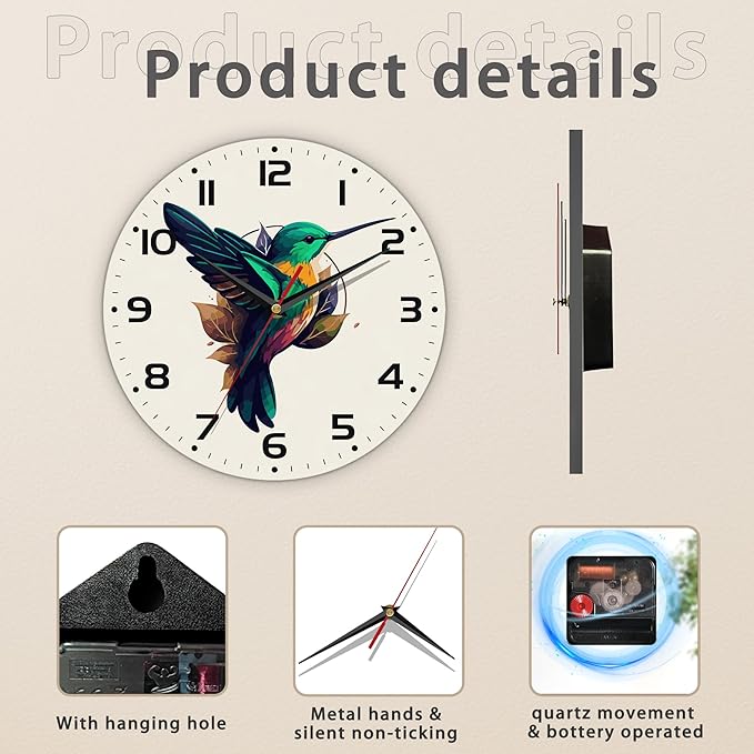 Flaying Hummingbird Bird Wall Clock Silent Non-Ticking Battery Operated Clock
