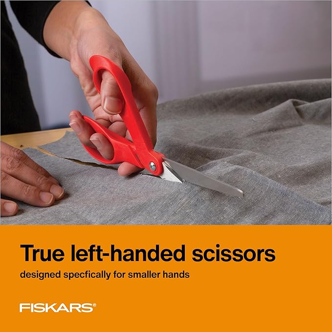 Fiskars Petite Left Handed Scissors, Crafting and Sewing Stainless Steel Scissors for Smaller Hands, Ergonomic Handle, Paper and Fabric Supplies for Office, Arts, and Crafts, Red