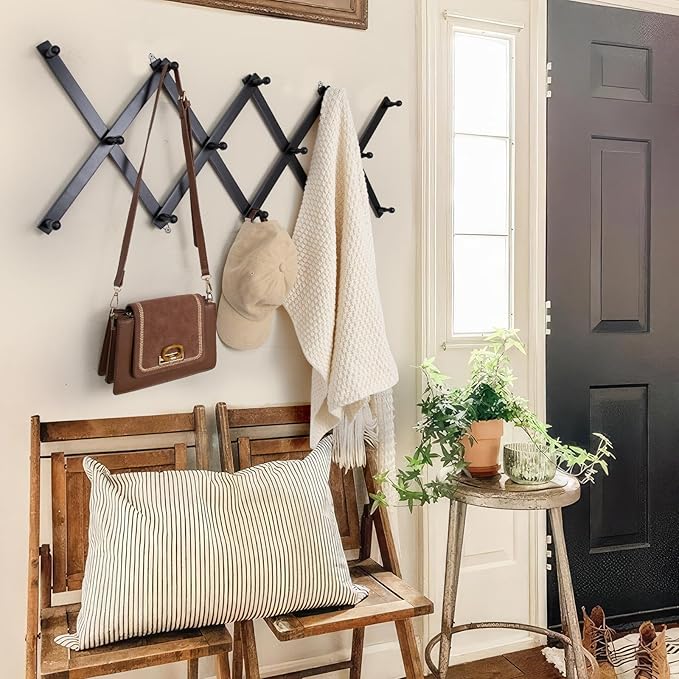 SCUNDA Wall Rack with 14 Hooks, Wooden Wall Expandable Coat Rack