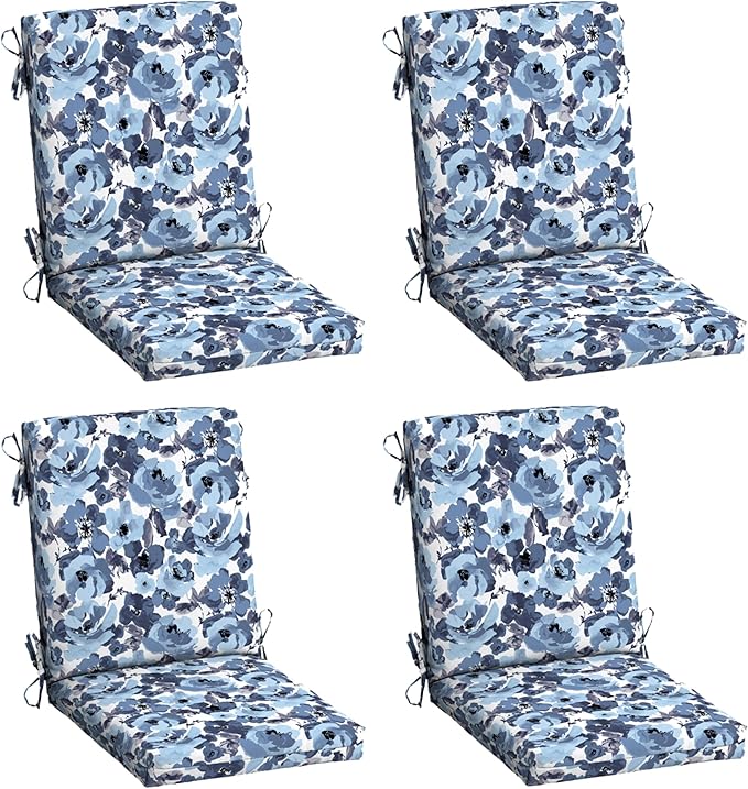 Arden 4-Pack Outdoor Patio Dining Chair Cushion, 20x44, Rain-Proof Seat Pad, Fade-Resistant Outdoor Cushion Blue Garden Floral