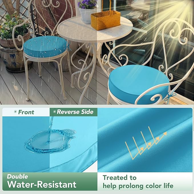 Summsun Outdoor Bistro Chair Cushions Set of 2, 15" D x 3" H Round Chair Cushions Waterproof and Fade Resistant Chair Cushion Pads with Non-Slip Ties and Removable Covers for Garden, Teal