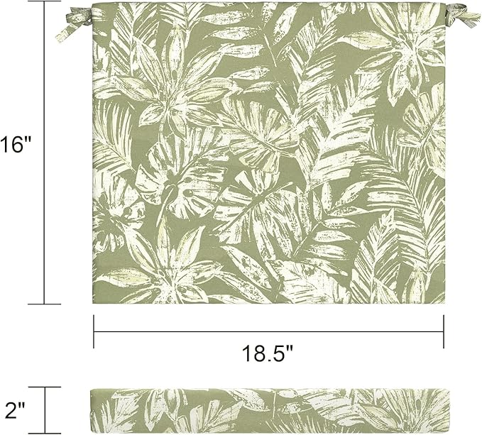 LVTXIII Outdoor Seat Cushions Seasonal Replacement Chair Cushions, Patio Chair Pads with Ties for Dining Chairs and Garden Furniture, Square Back, 18.5"x16"x2", 2 Pack, Tropical Leaf Green