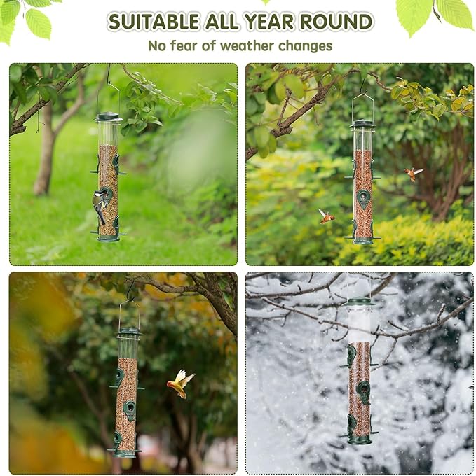 MIXXIDEA 1PK Metal Wild Bird Feeder,Squirrel Proof Bird Feeders for Outside,Hanging 6 Port Tube Bird Feeder Transparent Finch Bird Feeder for Attracting Birds in Your Lawn, Garden, Balcony-Green