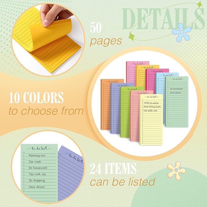 Censen 10 Pack 500 Sheets To Do List Notes Daily Checklist Notepads with 50 Sheets Each Undated Color Memo Pad Block Shopping List Pad Weekly Plan Notepad Organizer Planners(Bright Color,Lined)