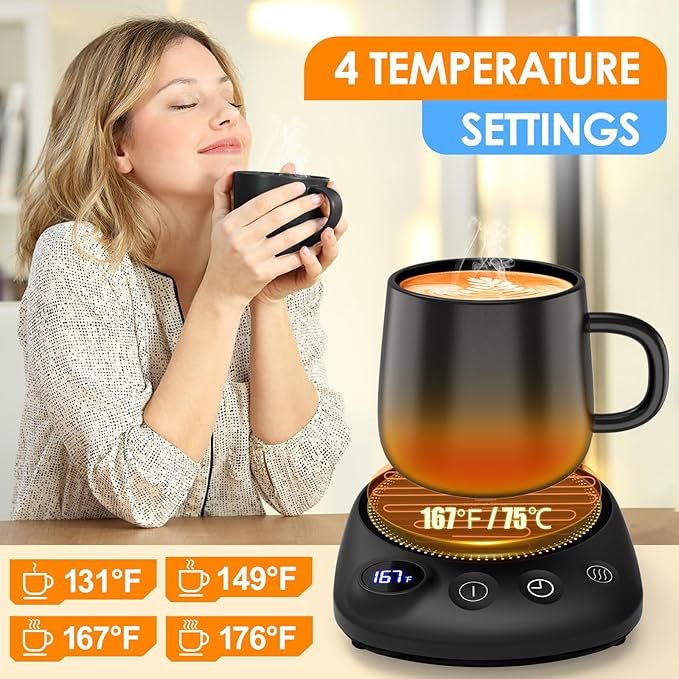 KitchekShop Coffee Mug Warmer - Fastest Heating & Highest Temperature, Coffee Cup Warmer for Desk Auto Shut Off, 4 Temp Settings & 1-12H Timer, Smart Electric Beverage Warmer for Coffee, Tea (Black)