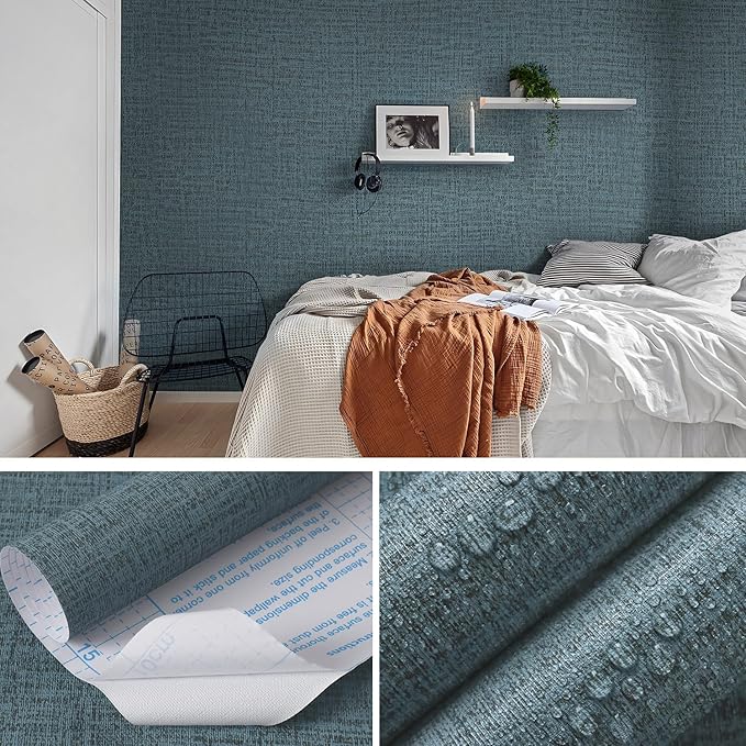 Guvana Grasscloth Peel and Stick Wallpaper Blue Textured Contact Paper Modern