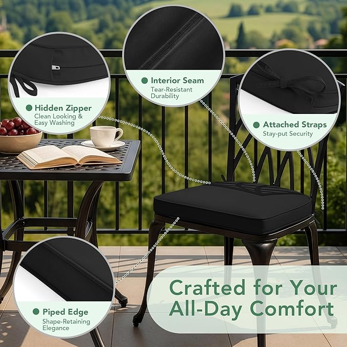 Outdoor Chair Cushions Set of 4: Waterproof & Fade Resistant Patio Furniture Cushions - 17 x 16 x 2 Inch Non Slip Round Corner Seat Cushion Pads with Removable Cover for Garden Yard Lawn, Black