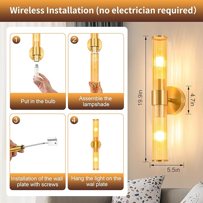 Morauroral Gold Battery Operated Wall Sconces Set of 2, Rechargeable Wall Lights