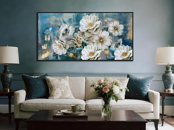 Arjun Black Framed Flower Canvas Wall Art for Living Room White Modern Painting for Bedroom Textured Gold Turquoise Picture Floral Teal Artwork Large Home Office Wall Decor 40"x20"