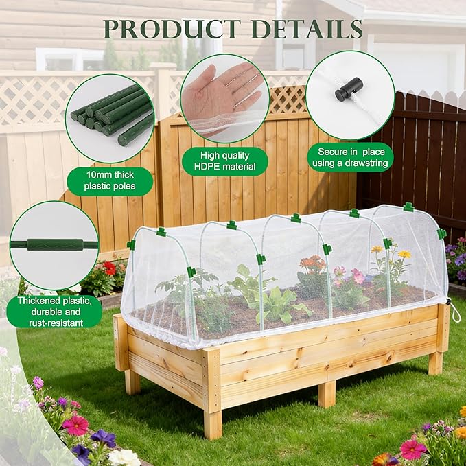 Fayoo Garden Netting for Raised Beds with 60 Garden Hoops, 2 Pack Raised Garden Bed Cover, 0.04in Ultra Fine Mesh Bird Netting Pest Barrier for Vegetables Fruits, DIY Plant Support Kit with 20 Clips