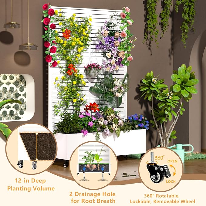 MTART Metal Planter Box with Trellis, 72.1"x47.2"x16" Outdoor Galvanized Raised