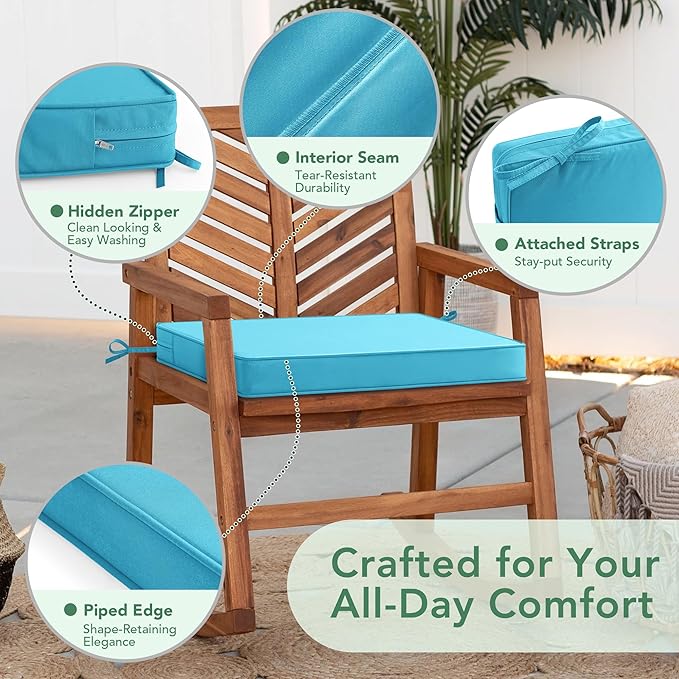 Summsun Outdoor Chair Cushions Set of 2: Waterproof & Color Fastness Seat Cushion for Patio Furniture - 22 x 22 x 3 Inch Chair Pads with Ties and Hidden Zipper - Patio Chair Cushion Replacement, Teal