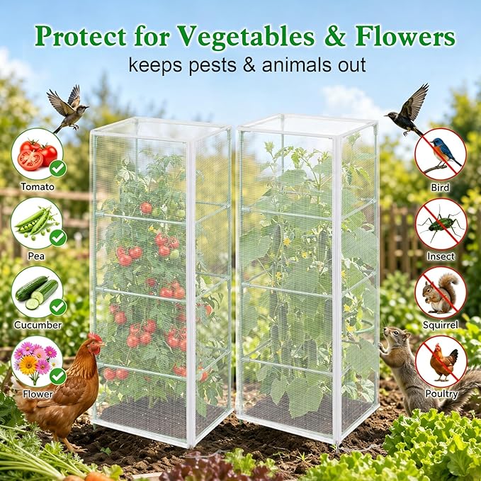 6 Pcs Tomato Netting for Garden Protection, 57" X 17.7" X 17.7" Square Tomato Cage Insect Barrier Plant Netting Mesh Cover with Zipper & Drawstring, for Vertical Climbing Plants Vegetables Fruits