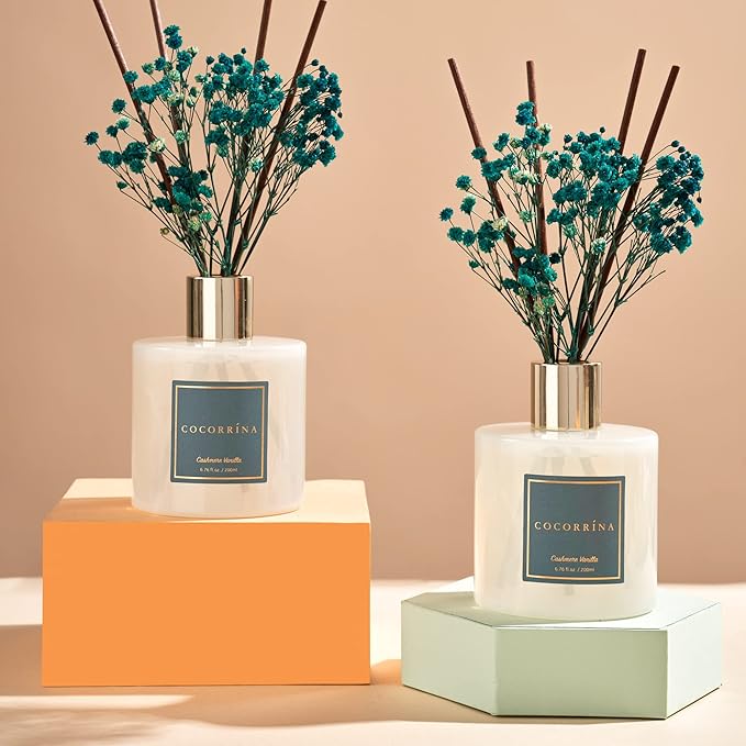 Cocorrína Premium Reed Diffuser Set with Preserved Baby's Breath & Cotton Stick Cashmere Vanilla 2 Packs, 6.7oz Scent Fragrance Oil Diffuser for Bedroom Bathroom Home Décor