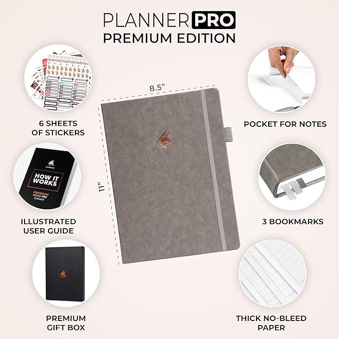 Clever Fox Planner Pro Premium – Luxurious Weekly & Monthly Planner with Budget Organizer for Productivity & Goals, Undated, A4 (Gray)