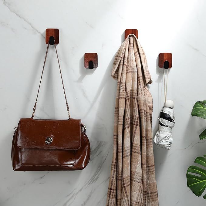 DELITON Acacia Wooden Towel Hooks Red Brown, 4 Pack Sticky Hooks