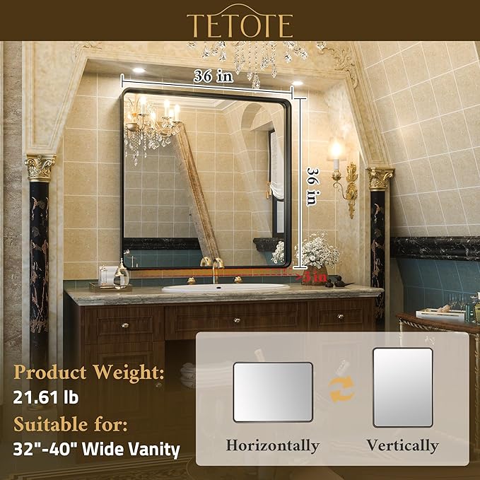 TETOTE Silver Bathroom Mirror, 36 x 36 Inch Wall Mounted Square Brushed Nickel