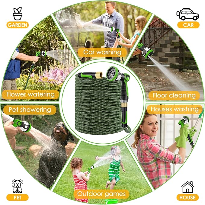 Non-Expandable Garden Hose 150 FT, Lightweight Hose with 10 Function Spray Nozzle, Kink-Free Flexible Water Hose, Durable, Leak-Proof, 360° Swivel Connectors, Portable Storage Strap